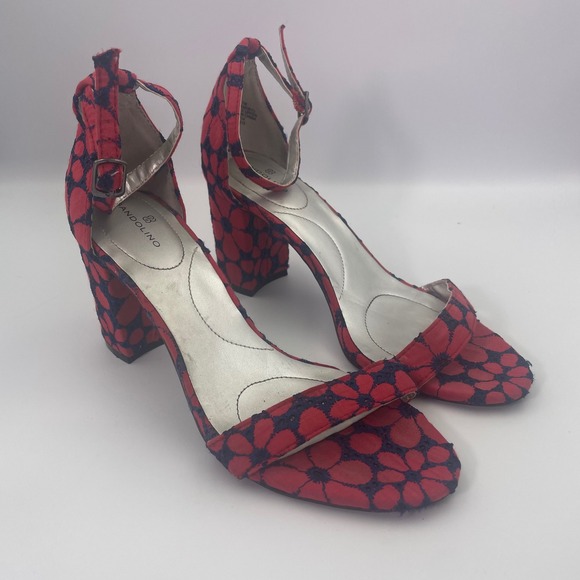 Bandalino Red Floral Ankle Strap Block Heel Sandals - Size 7M‎ 3" Heel Open Toe - Picture 1 of 9